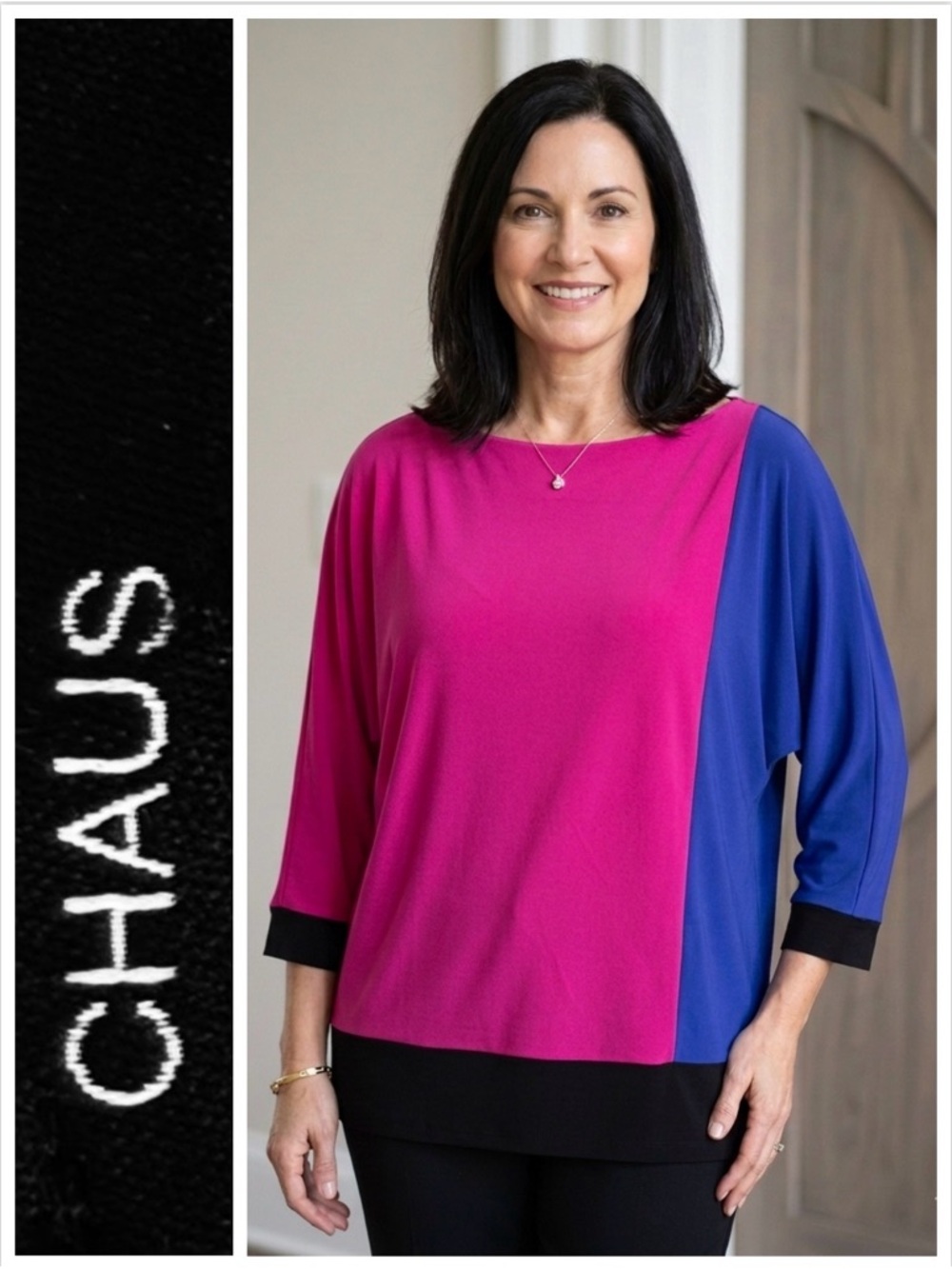 Chaus Top Colorblock Boatneck Pink Blue Black 3/4 dolman sleeves cool medium NWT